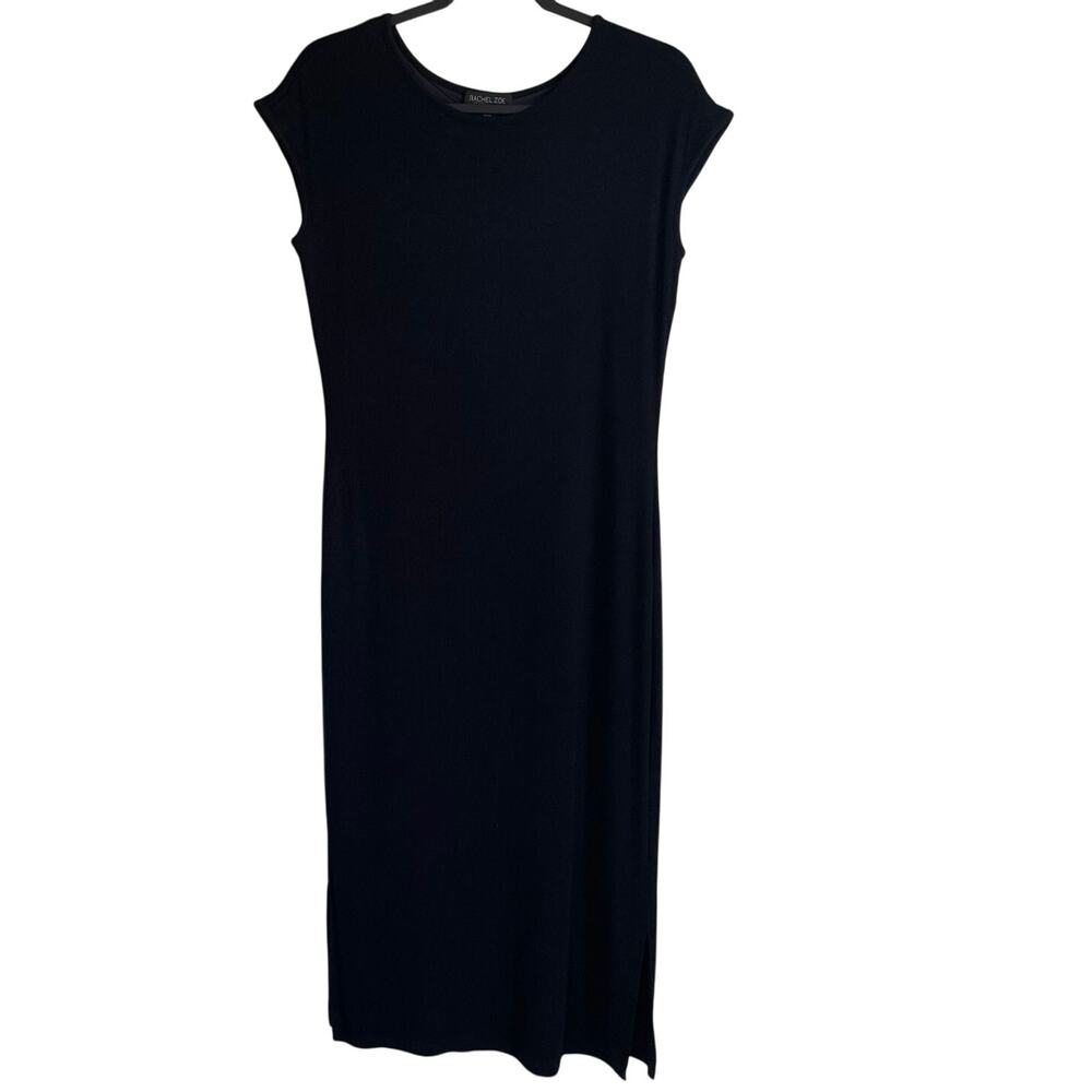Rachel Zoe Ribbed Knit Midi Dress Sz L Black Cap Sleeves Lined Stretchy Capsule